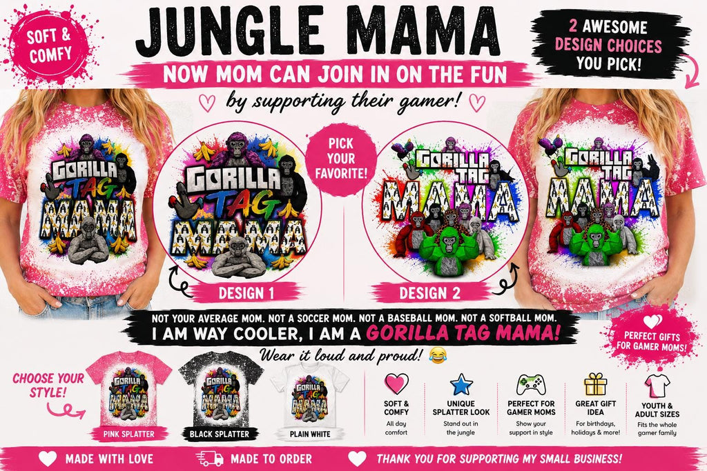 Gorilla Gamer Mama Shirt, Splatter Print, Gaming Mom Gift (Pink or Black)