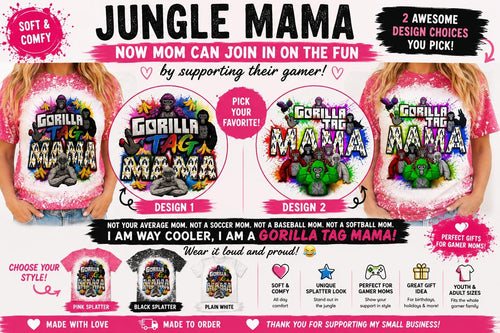 Gorilla Gamer Mama Shirt, Splatter Print, Gaming Mom Gift (Pink or Black)