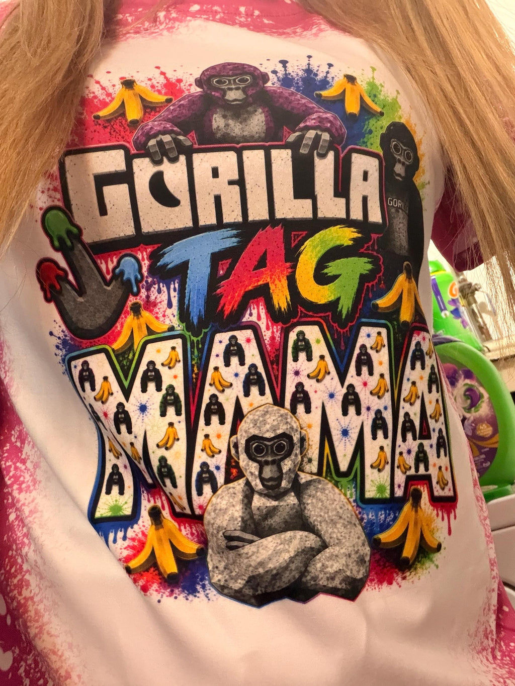Gorilla Gamer Mama Shirt, Splatter Print, Gaming Mom Gift (Pink or Black)